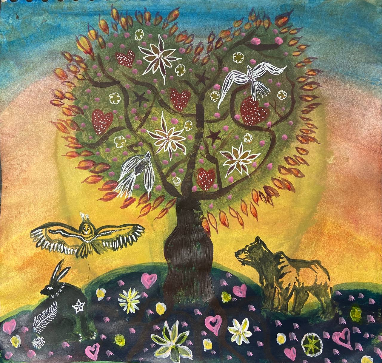 Painting of a tree at sunset with an owl, hare and dog